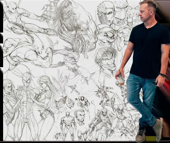 Mike Van Orden standing beside a wall of his comic pencil drawings